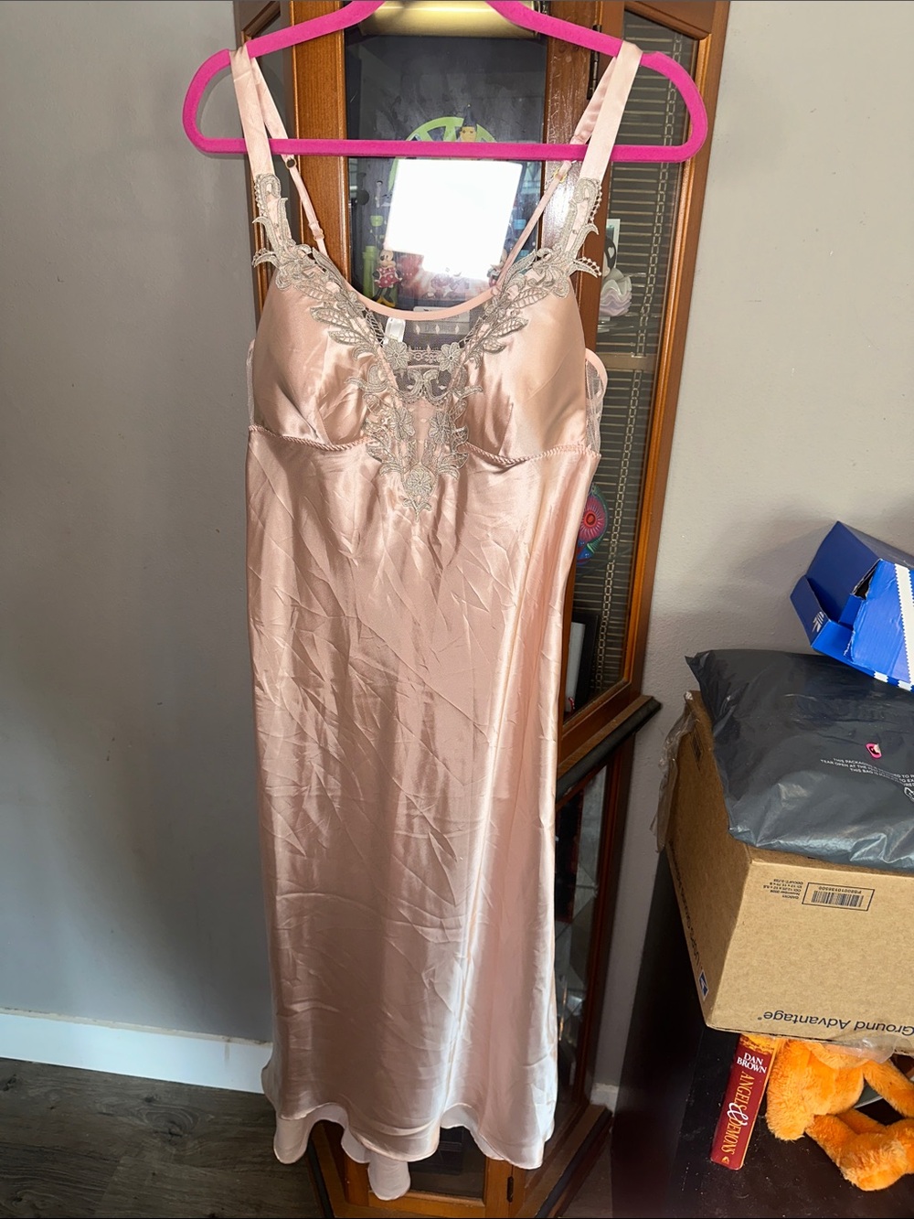 Elegant Blush Satin Slip Dress with Lace Trim